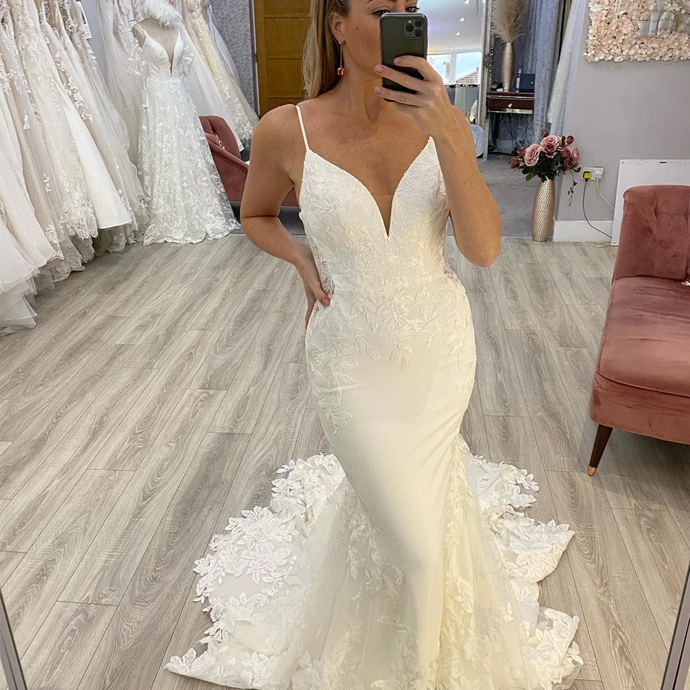 

Spaghetti Straps Wedding Dress For Women 2022 Sleeveless V-Neck Mermaid Boho Bridal Gowns Lace Appliques Tulle Vestido De Novia