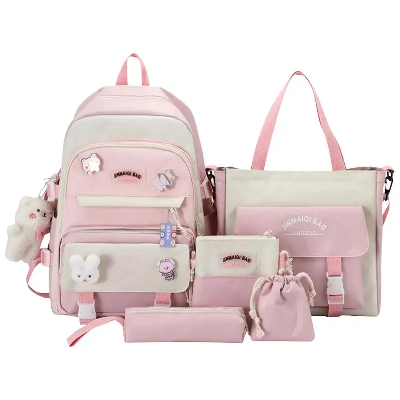 

Cute Backpacks Combo School Supplies Kawaii Cute Backpack Bear Pendant Pin 5-pcs GirlsDaypack Backpack Set Oxford Canvas School