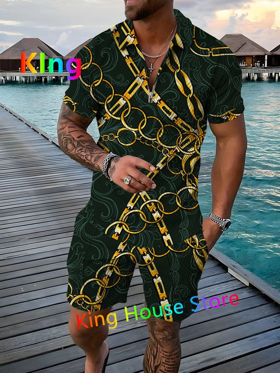 

Fashion Men Casual Set Streetwear Luxury Chain Printing Short Sleeve Polo Shirt+Shorts Summer Harajuku Sportswear Men's Clothing