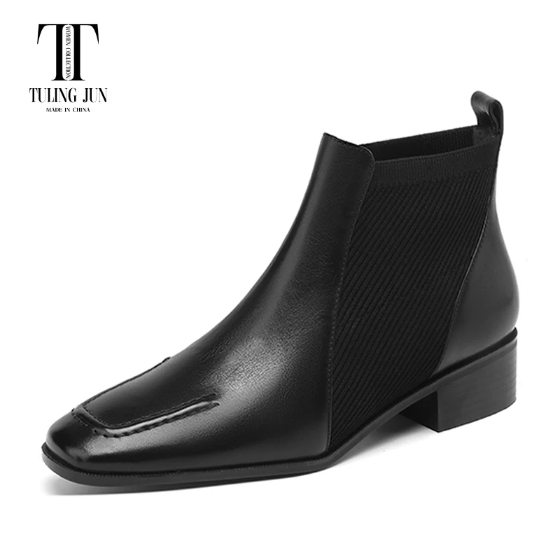

TULING JUN2023 Spring Autumn Elastic Band Women's Boots Square Toe Medium Heel Comfort Retro Leisure Shoes For Women L