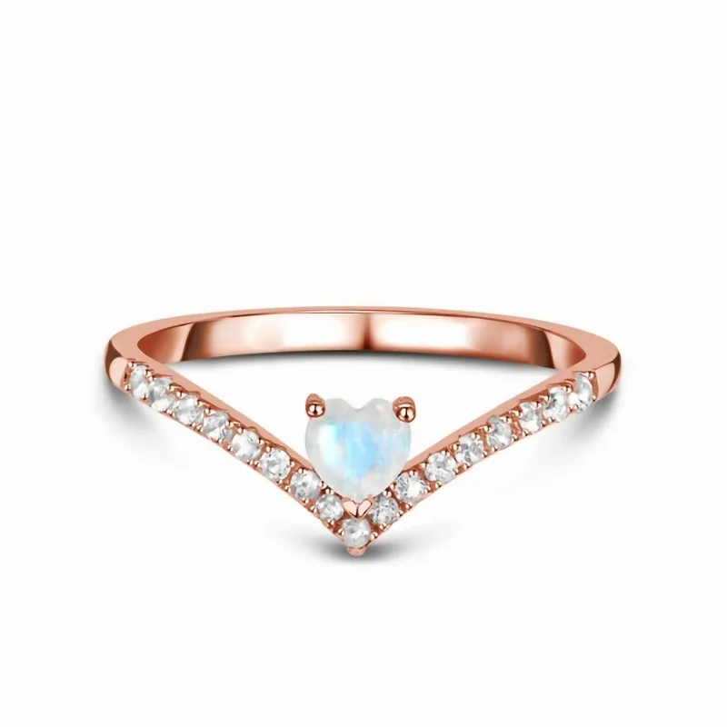 

AsinLove Luxury Real 925 Sterling Silver Rose Gold Love Heart Inverted V Inlaid Zircon Moonstone Rings for Women Wedding Jewelry
