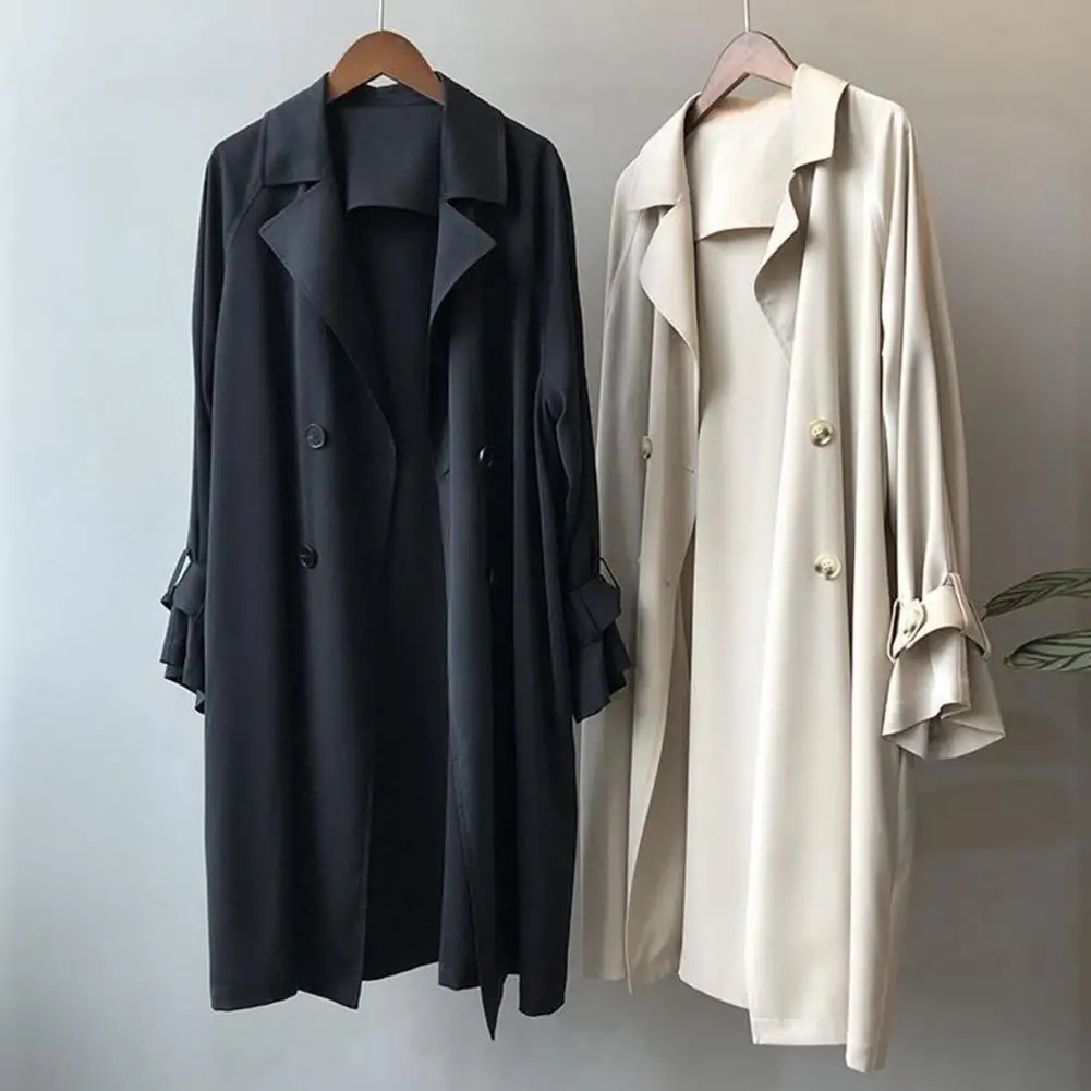 

Women Windbreaker Solid Color Long Sleeve Turn-down Collar Midi Length Casual Buttons Sleeve Belt Elegant Autumn Coat for Office