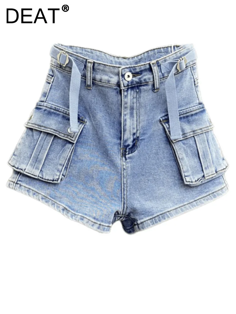 

DEAT Fashion Women Denim Shorts High Waist Big Pockets Adjustable Lace-up A-line Solid Color Short Jeans Summer 2023 New 7AB145