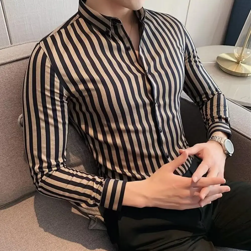 

Contrast Color Shirt Stylish Men's Business Shirts Slim Fit Striped Print Soft Fabric for Spring Fall Seasons Slim Fit Shirt
