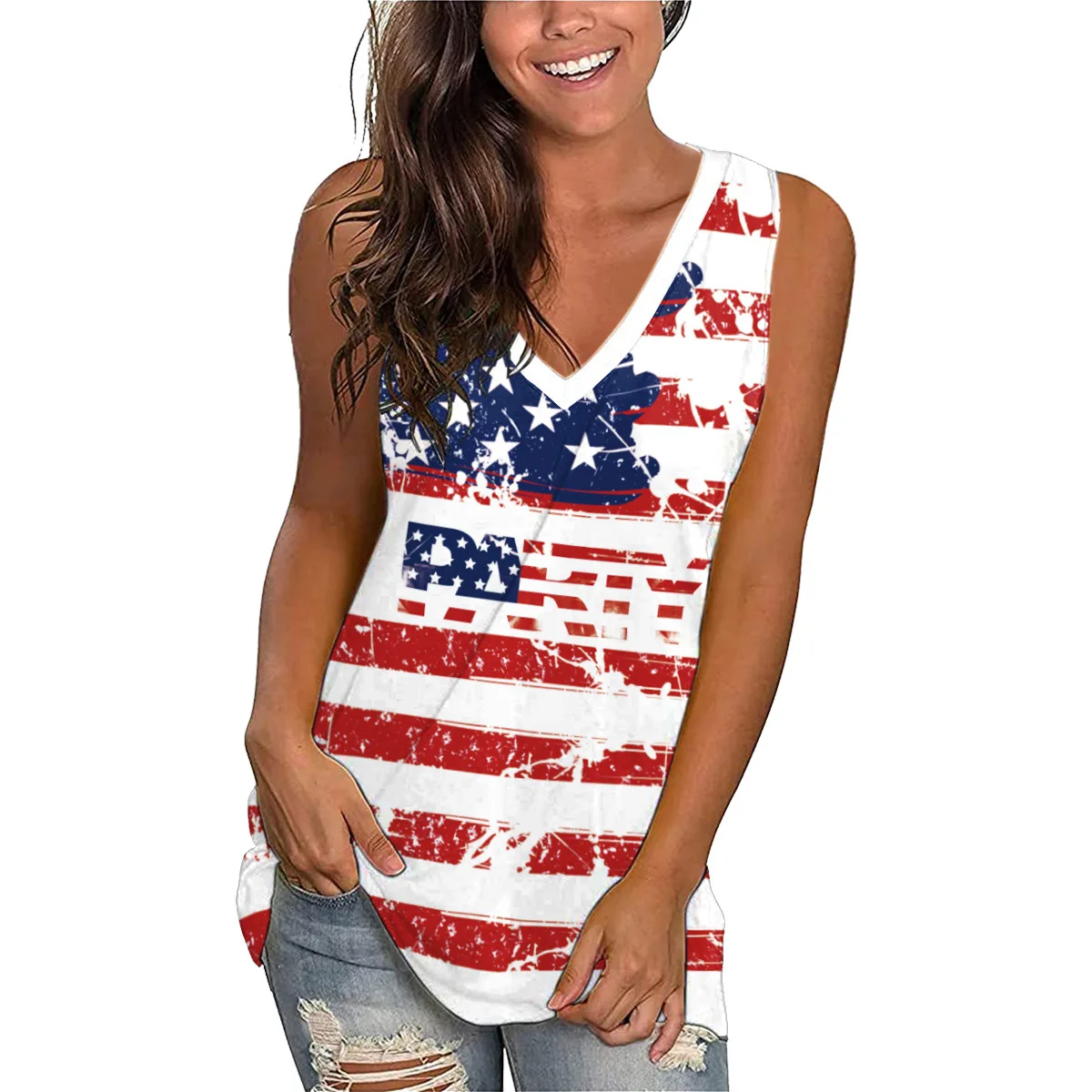 New Loose Sleeveless T-shirt Striped Stars Print Fashion Women's Tshirts US Independence Day Digital Printing Casual Vest Women