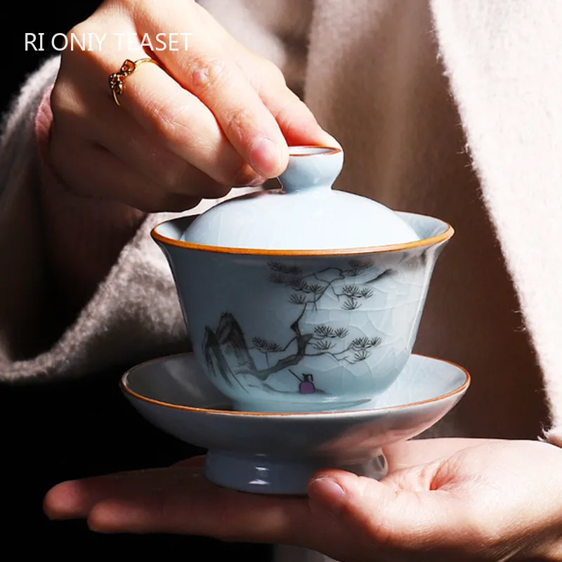 

Retro Ice Crack Ru Kiln Tea Tureen Bowl Handmade Ceramic Teacup Travel Portable Gaiwan Home Tea Set Chinese Drinkware 150ml