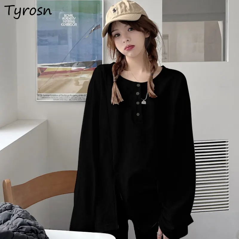 

Side-slit T-shirts Women L-4XL Loose Basic All-match Minimalist Pure Personality Korean Style Streetwear Students Leisure Spring