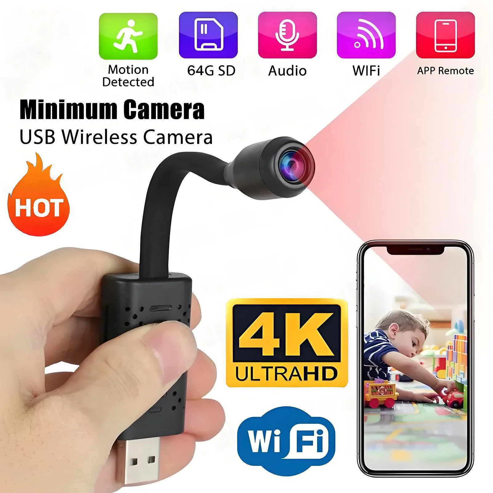 Видеорегистратор, камера видеонаблюдения, мини-камера 4K USB, камеры наблюдения с гибким кабелем и функцией обнаружения движения. (art.: 3920dd1ff32d2) - 3920dd1ff32d2