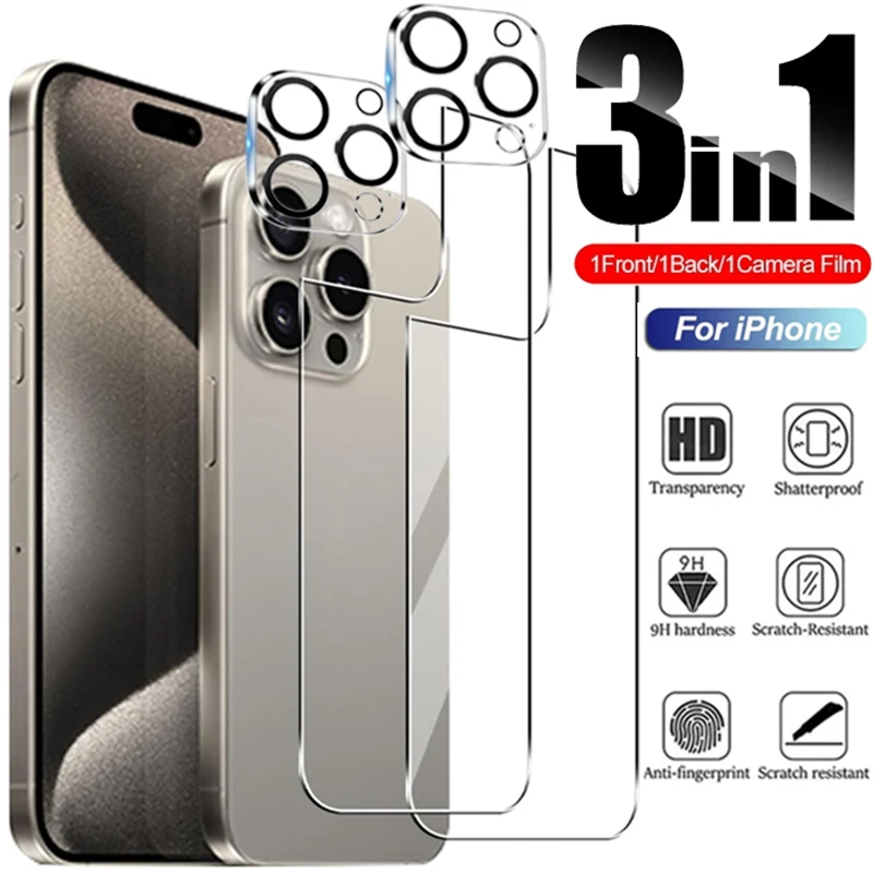 

3 в 1 закаленное стекло для Iphone 15 Pro Max 15 Plus полное покрытие прозрачная передняя задняя защитная пленка для объектива экрана для Iphone 15