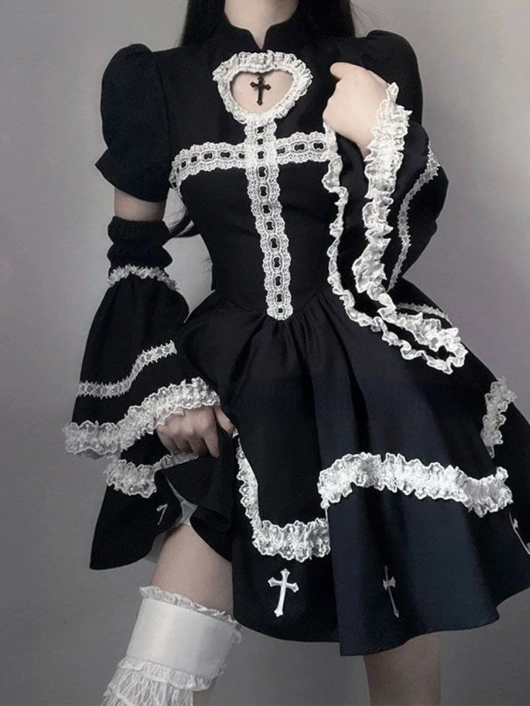 

Japanese Gothic Cosplay Dress Female All-Match Robe Long Sleeve Ruffle Lace Black Midi Dresses Y2k Cute Lolita Vestido