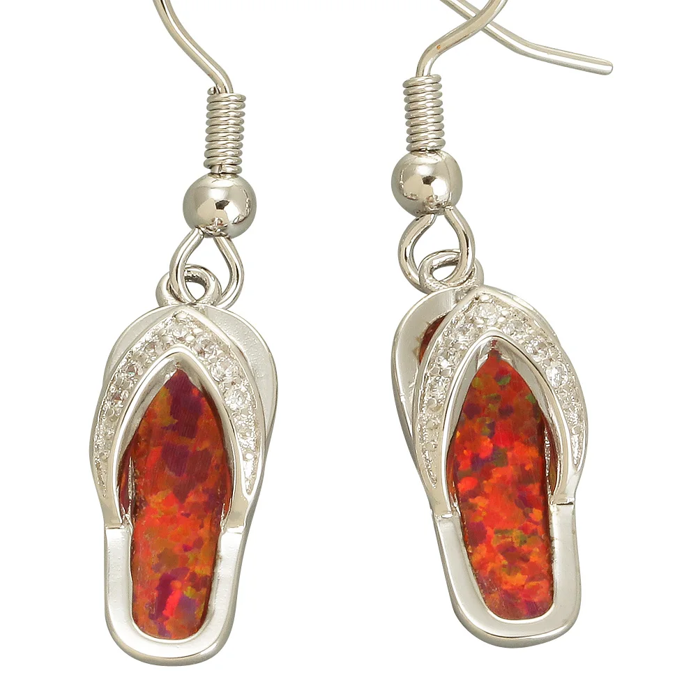 

KONGMOON Beach Flip Flops Red Fire Opal CZ Silver Plated Jewelry for Women Dangle Drop Earrings