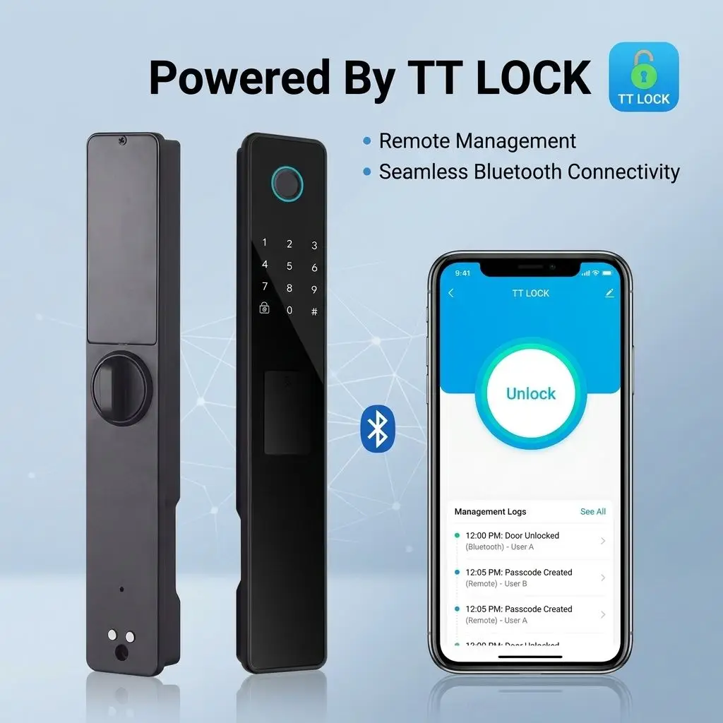 Фото Новый умный дверной замок TTLock 2026 года с тонким дизайном, биометрический цифровой замок 5-в-1 с 1-летним сроком службы батареи для дверей с алюминиевой рамой №5