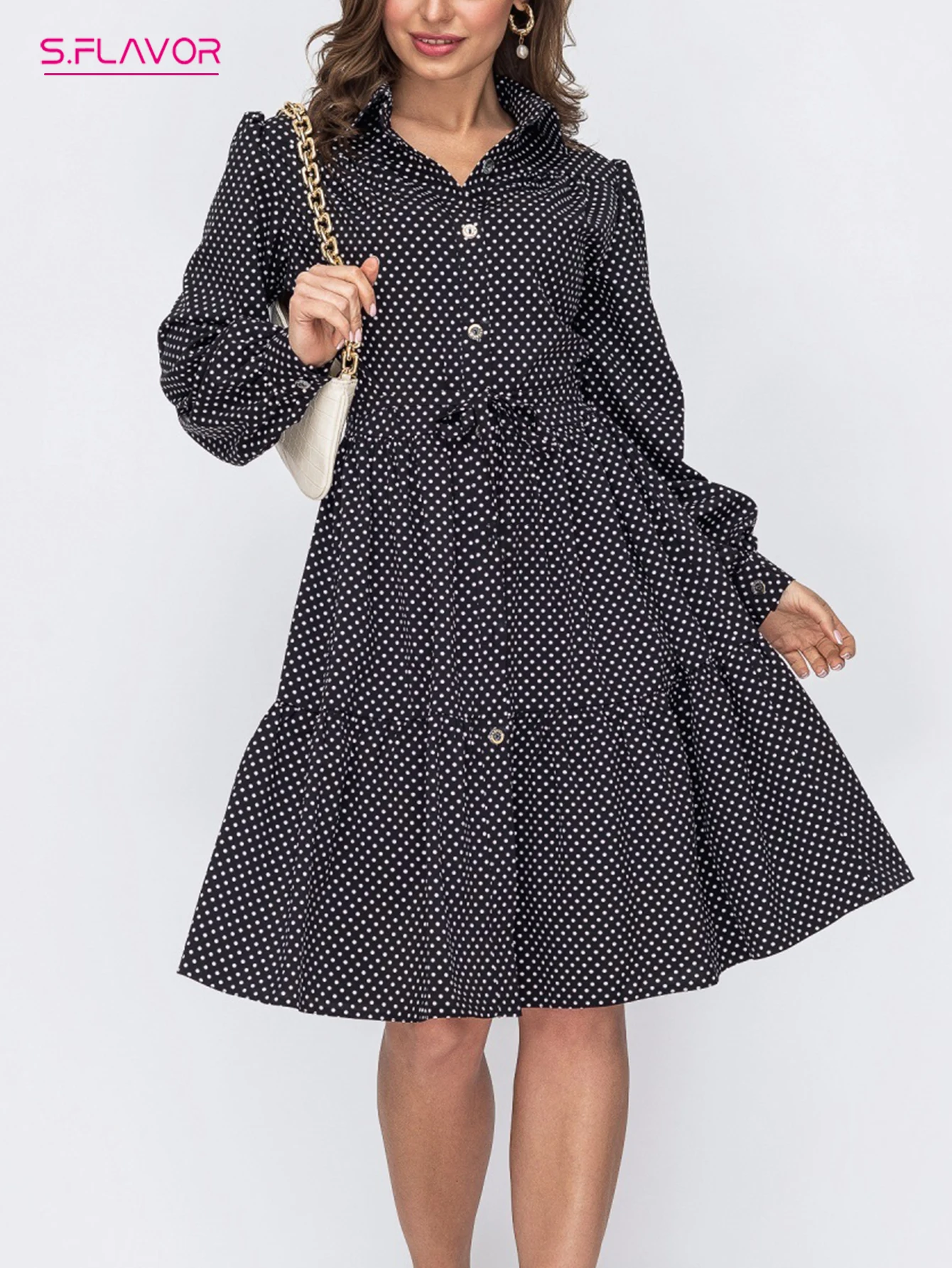 

S.FLAVOR Women Polka Dot Print Dress Casual Long Sleeve 2022 Autumn Slim A Line Dresses Turn Down Collar Button Sundress