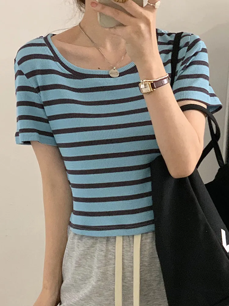

Women's Tshirts Top Striped Slim Summer 2022 O Neck Short Sleeve Casual Korean Fashion T-shirt Female Skinny Rib T Shirts Tops