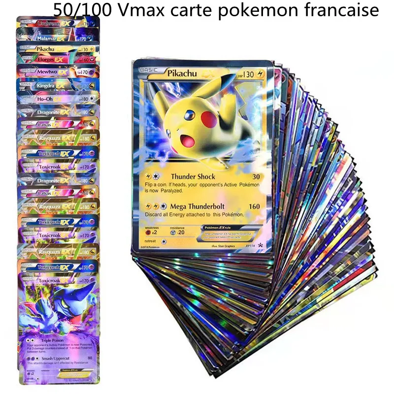 50/100Pcs French Version Vmax Pokemon Cards In French Featuring 360 V VMAX 200 Gx 100 Tag Team 20 MEGA 20 EX 1 Tarak
