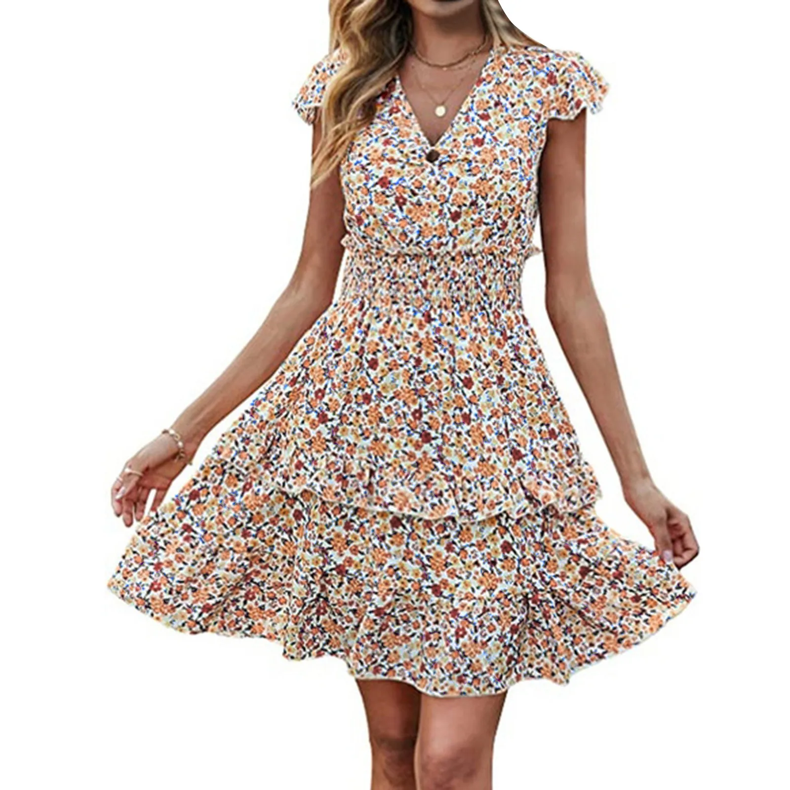 

Women's Boho V Neck Floral Print Ruffle Sleeve Layered Mini Dress Cute Smocked Waist Short Dress Chambray Striped Dress