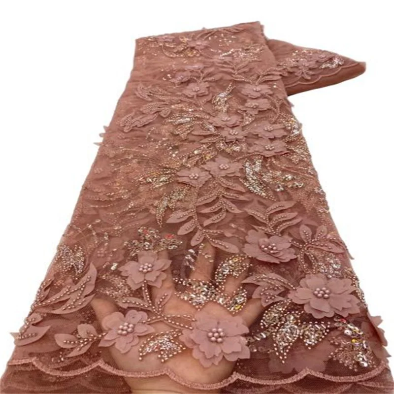 

Latest African Tulle Mesh Lace Fabric 5 Yards Beads High Quality Nigerian French Lace Fabric For Wedding Party Dress Sewing