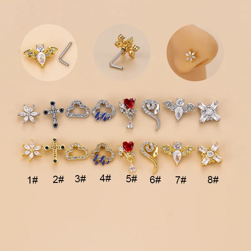 

1PC 20G New Heart Cross Flower CZ Nose Stud Screw Nose Piercing Jewelry Stainless Steel L Shaped Nose Studs Nose Ring for Women