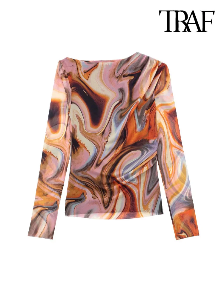 

TRAF Women Fashion With Draped Printed Tulle Blouses Vintage O Neck Long Sleeve Female Shirts Blusas Chic Tops