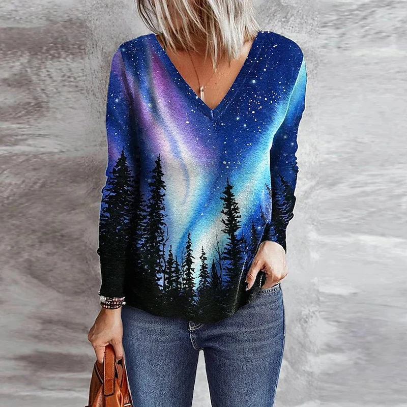 

Женская винтажная блузка с 3D-принтом Авроры, Весенняя модная офисная рубашка с V-образным вырезом и длинными рукавами, повседневный Свободн...