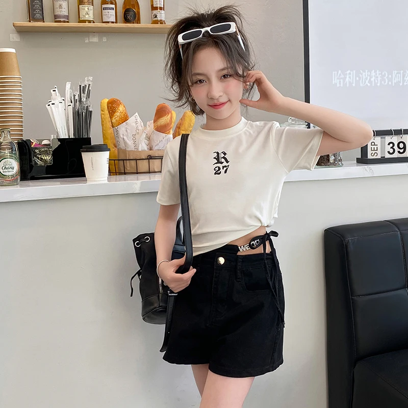 Новинка детский летний комплект для девочек Повседневная футболка с буквенным