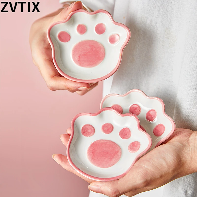 

Small Cute Bowls Hand Painting Cat Paw Dishes Underglaze Ceramic Vinegar Soy Sauce Dish Kitchen Home Storage Tray SnackContainer