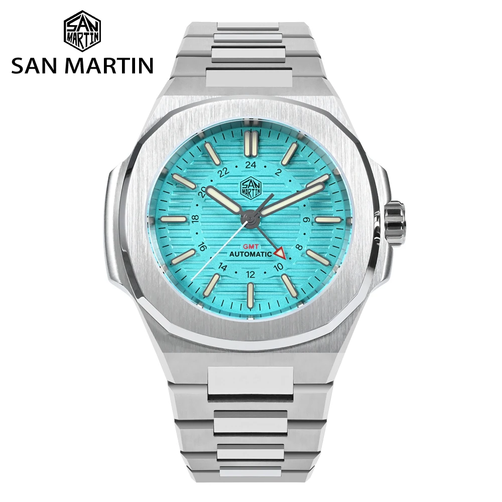 

San Martin Mens Watch New 43mm GMT Classic Business Luxury Automatic Mechanical Watches for Men Sapphire 10Bar BGW-9 Luminous