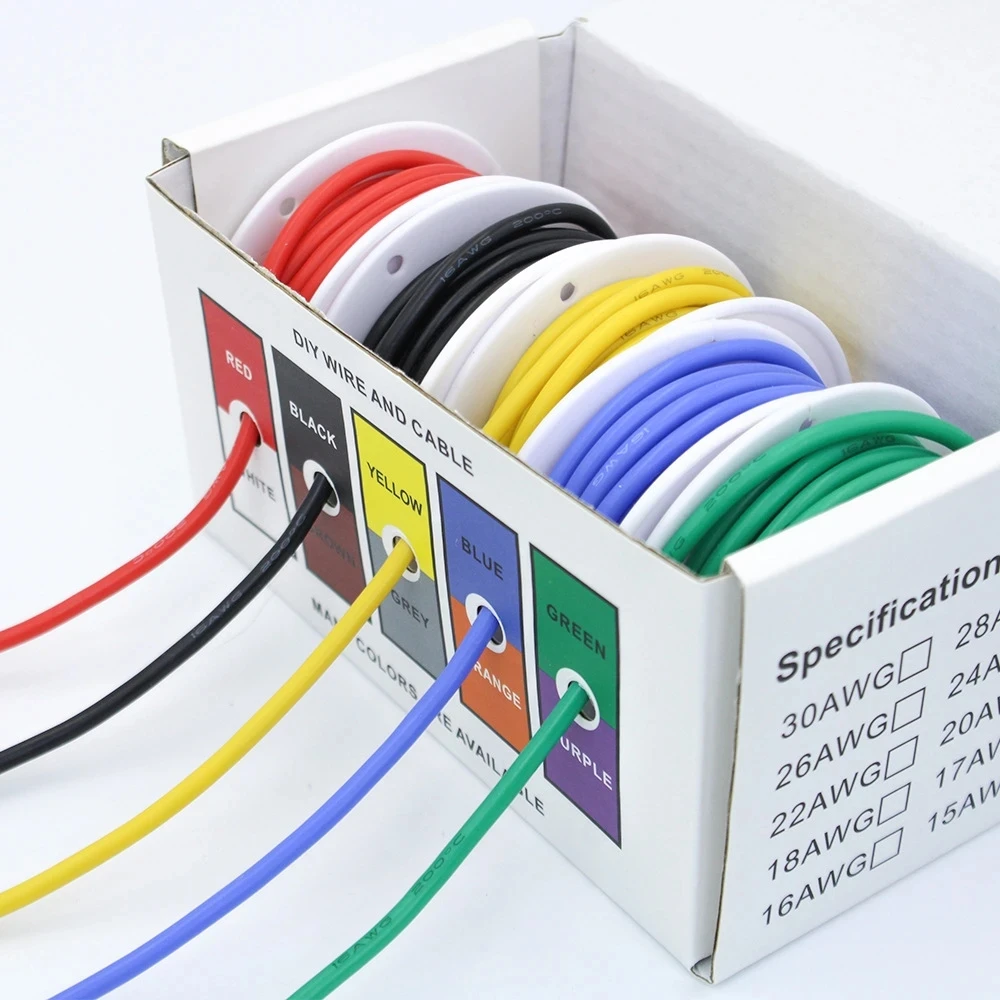 

Heat Resistant Soft Silicone Wire 5 Colors in A Box Kit 30/28/26/24/22/20/18AWG Stranded Cable Electrical Tinned Copper Wire