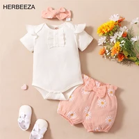 summer baby clothes sets white flying sleeved short sleeved rompers flower shorts bow headband 3 piece baby girls clothing