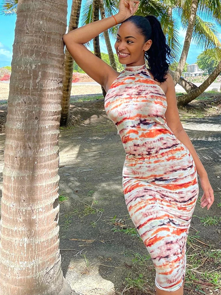 

Платье-макси с открытой спиной и принтом, без рукавов