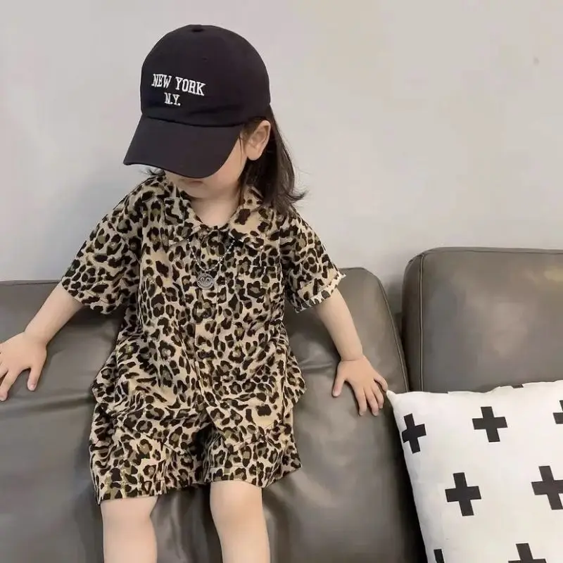 

Summer Girls Boys Leopard Print Casual Suit Fashion Summer Short Sleeve Lapel Shirt + Shorts 2-piece Outfit Tide Children Casual