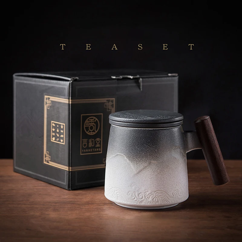 

Mug with Lid Filter Tea Cup Ceramic Cups Coffee Tea Cups Big Water Retro Handmade Mug Beauty Glazed Black Business Gift Set