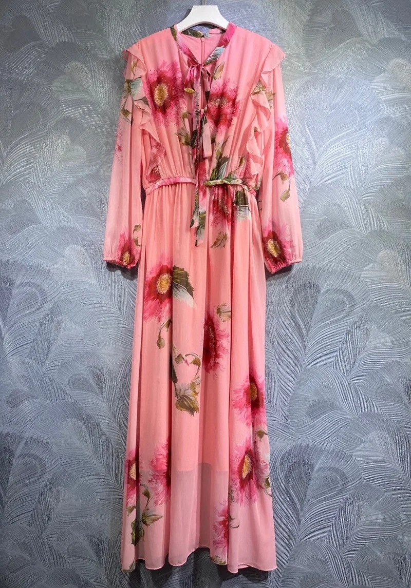 

Женское длинное платье с бантом на воротнике, повседневное розовое платье макси с длинным рукавом и большим цветочным принтом, весна-лето 2023