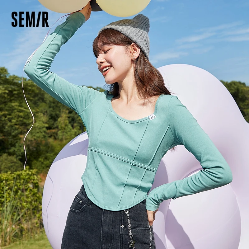 

Semir Long Sleeve T Shirt Women Short Design Large O Neck 2022 Autumn New Knitted Inner Ladies All-Match T Shirts For Woman