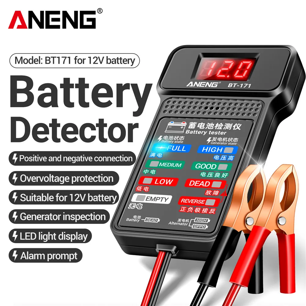 

ANENG BT-171 12V Digital Battery Tester Car Battery Indicator with Alligator Clips LED Battery Status Indicator Electrician Tool