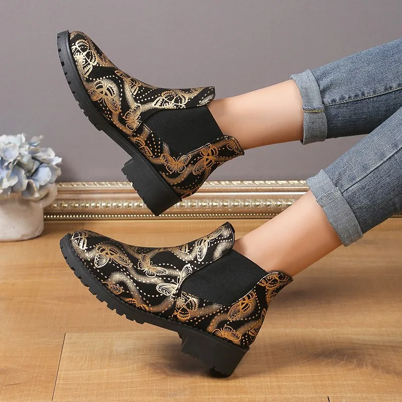 Женские ботильоны с бабочкой черные или золотистые полусапожки