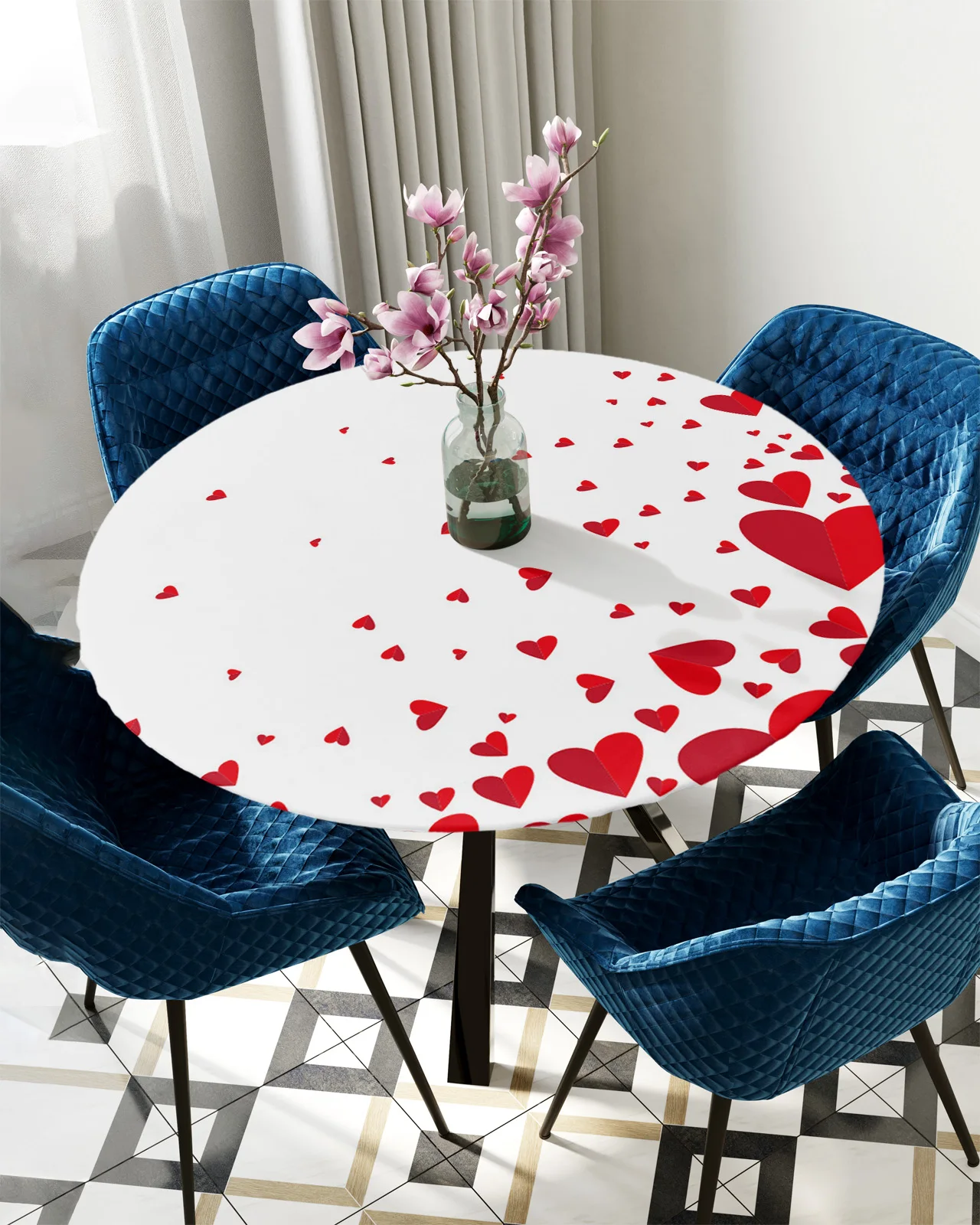 

Romantic Valentine'S Day Red Love Heart White Round Rectangle Waterproof Elastic Tablecloth Home Kitchen Table Cloth Table Cover