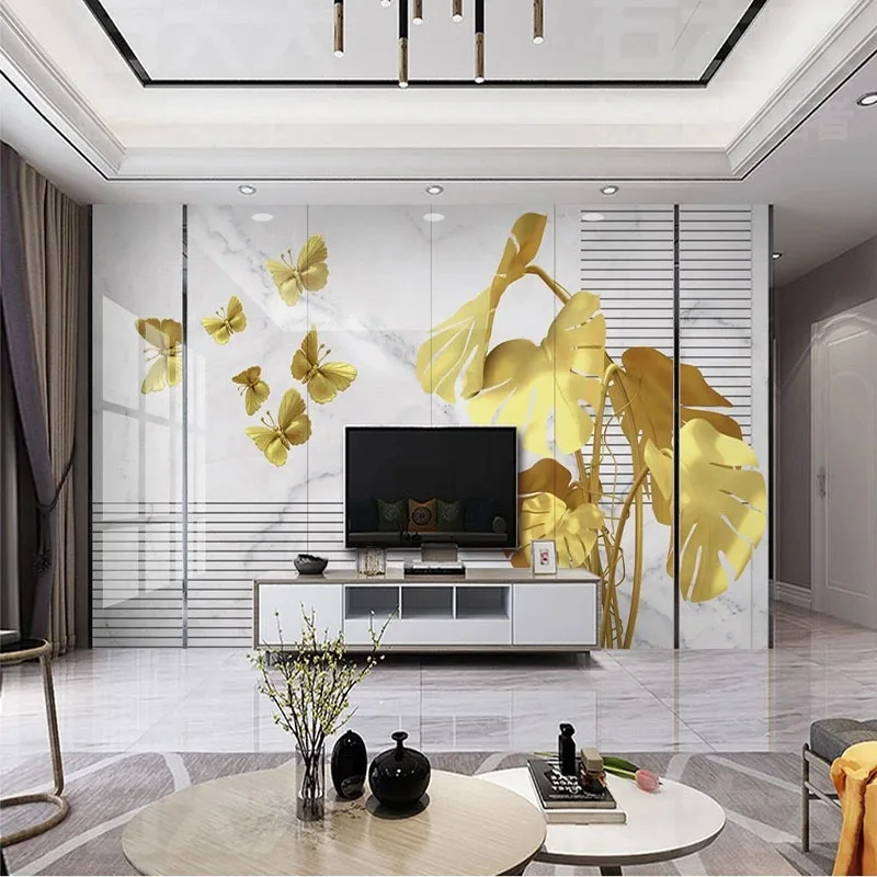 

Custom Modern Nordic Three-Dimensional Golden Leaf Jazz White Marble Background Wall Mural Wallpaper For Bedroom Walls Papel De