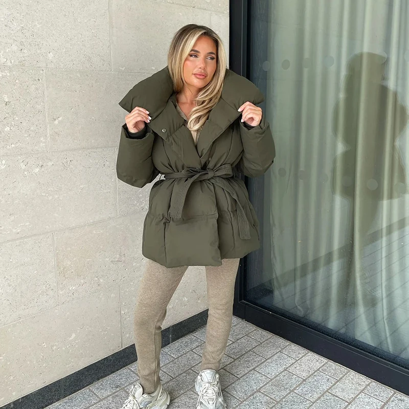 Fandy Lokar Winter Stand Collar Parkas Women Fashion Tie Waist Short Coats Women Elegant New Solid Puffer Jackets Female Ladies