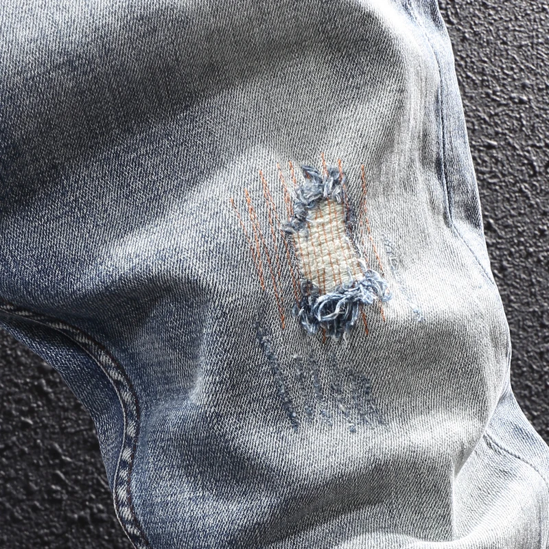 Fashion Designer Men Jeans Retro Light Blue Embroidery Patched Stretch Ripped Jeans Men Slim Fit Elastic Vintage Denim Pants