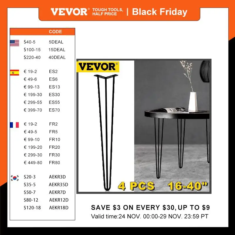 

VEVOR 4Pcs Metal Table Legs 16-40 Inch 3-Rod Hairpin Furniture Legs DIY Home Bench Dining Desk End Coffee Table Feet Accessories