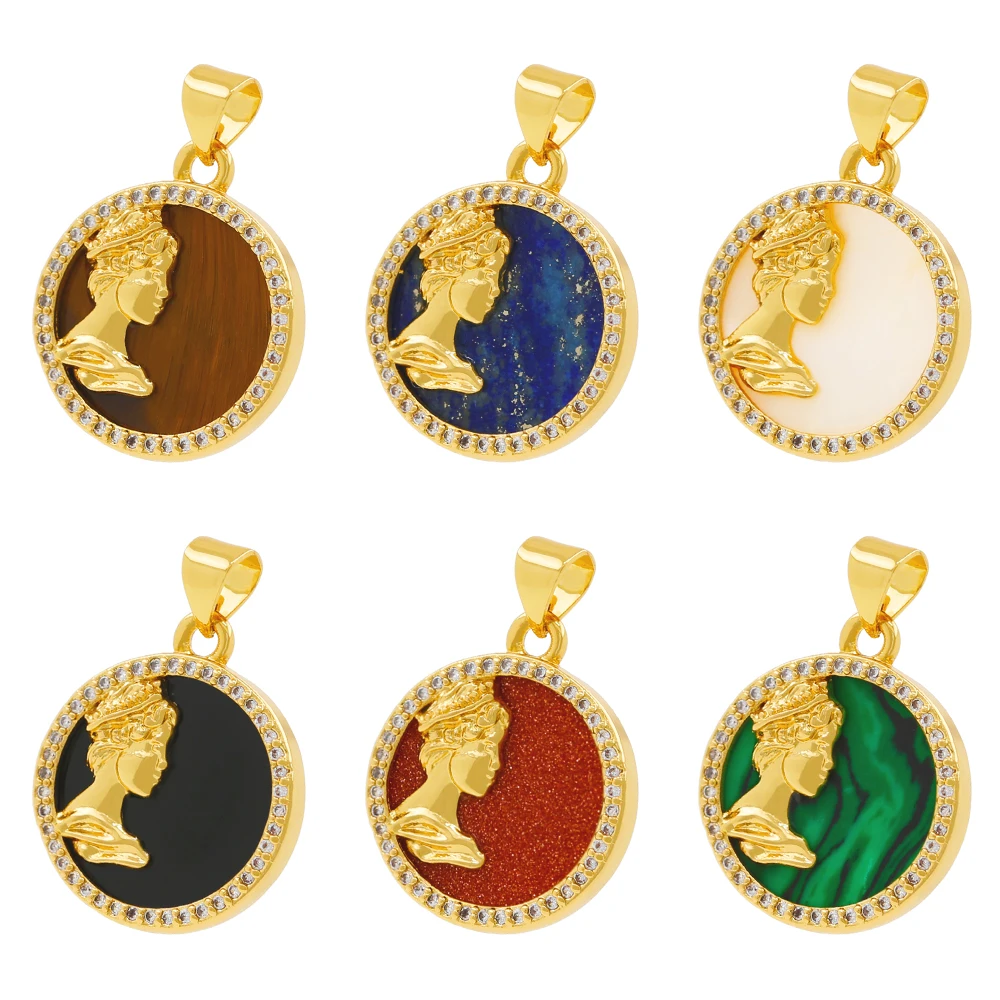 

2023 Sinple New Design Portrait Natural Tiger Eye Shell Agate Round Pendant Accessories Jewelry Making