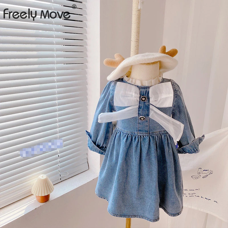 

Freely Move 2022 Autumn Kids Dresses Casual New Fashion Costumes Cute Denim Children Clothing Baby Girls Full Sleeve Bow Dress