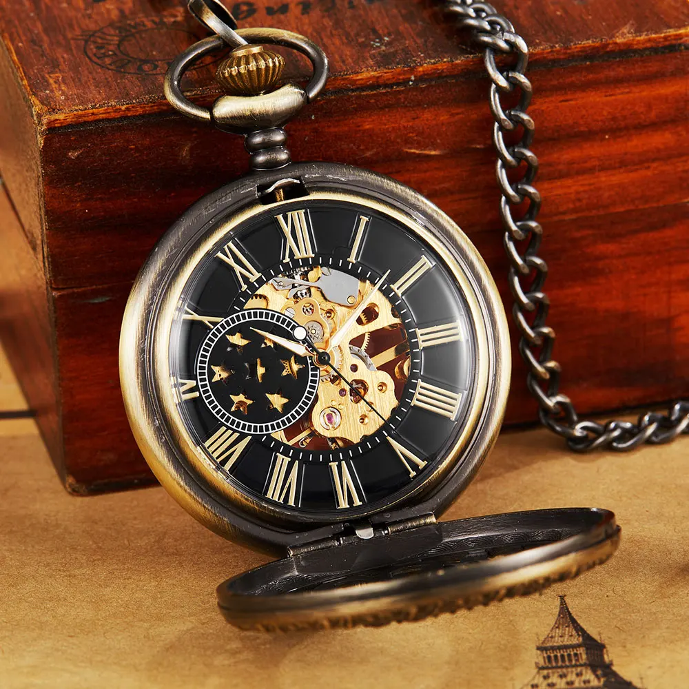 Antique Steampunk Mechanical Pocket Watch Necklace Hollow Skeleton Hand Wind Ancient Carved Fob Watch Pendant Chain Men Women