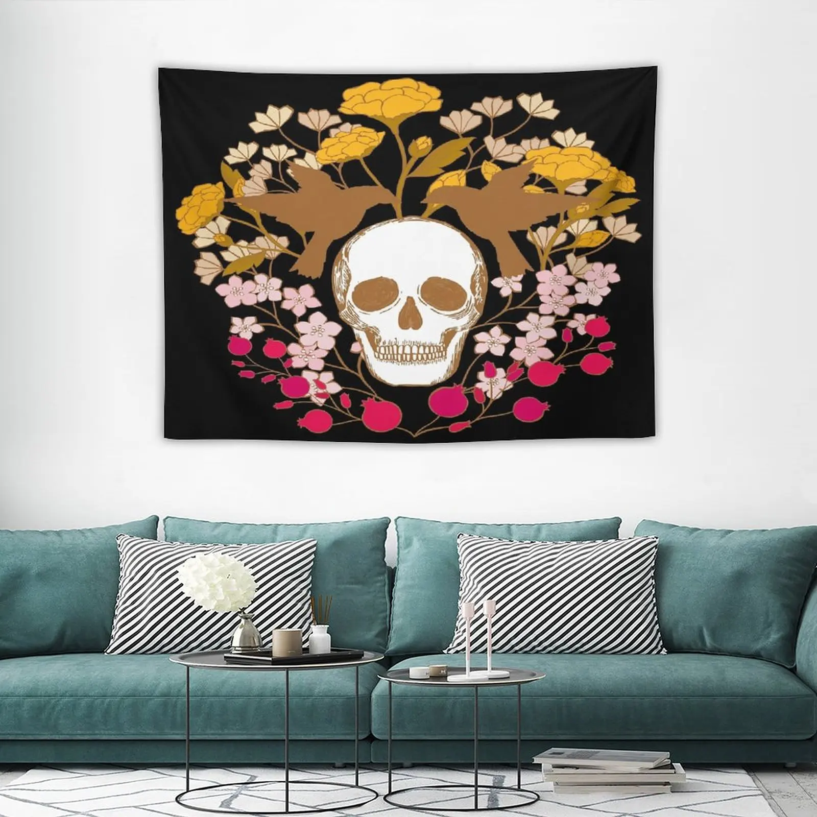 

Hippie Room Decor Home The Garden of Skulls {Golden on Black} Tapestry Myth Cloth Wall Hanging Christmas Decoration 2023