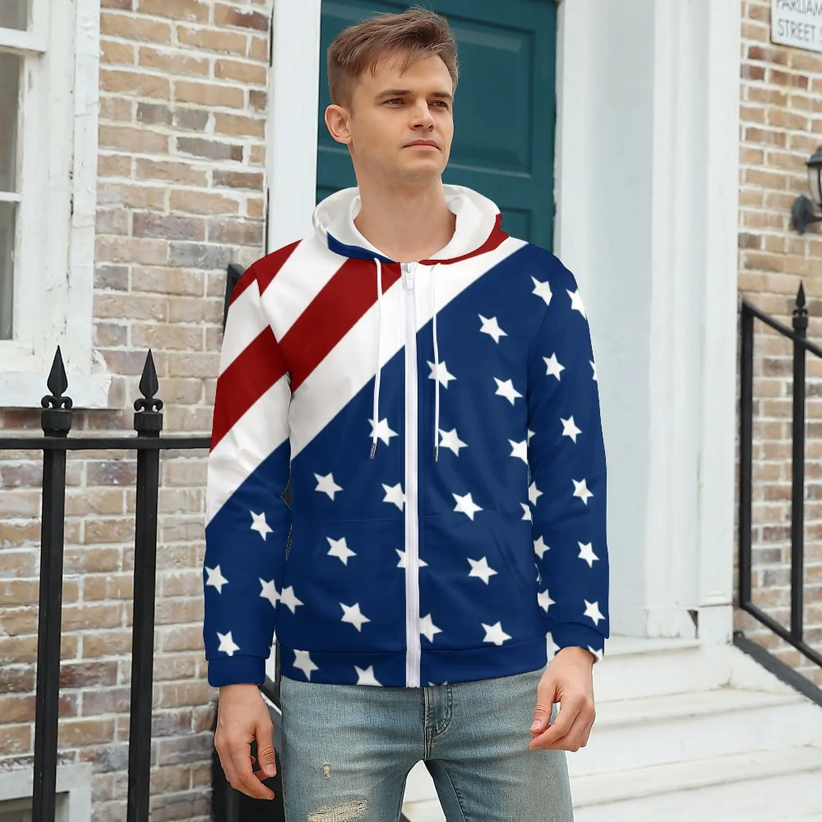 

American Flag Hoodie Patriotic Flag Star Design Full Print For Men Hoodies For Men Warm Zip Up Hoodie Plus Size XXXL