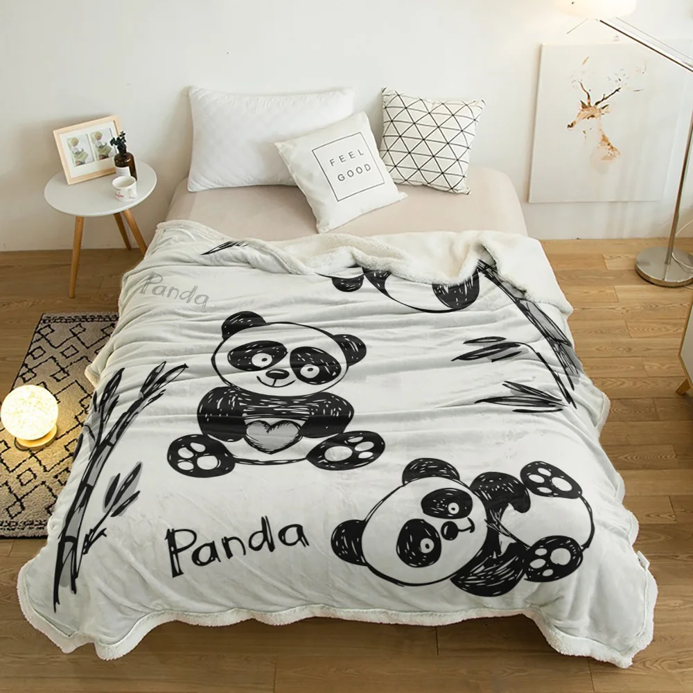 

Cartoon Panda Bamboo Black And White Lamb Cashmere Fleece Blanket Home Bed Sofa Winter Sherpa Bedding Kids Thick Bedspread