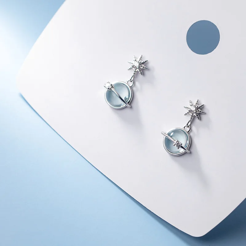 

925 Sterling Silver Blue Crystal Planet Star Piercing Stud Earrings For Women Girls Party Jewelry Gift Pendientes Brincos eh586
