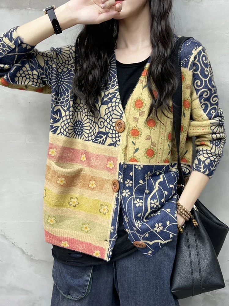 Женский Винтажный Кардиган С Цветочным Принтом Свитер V-образным Вырезом