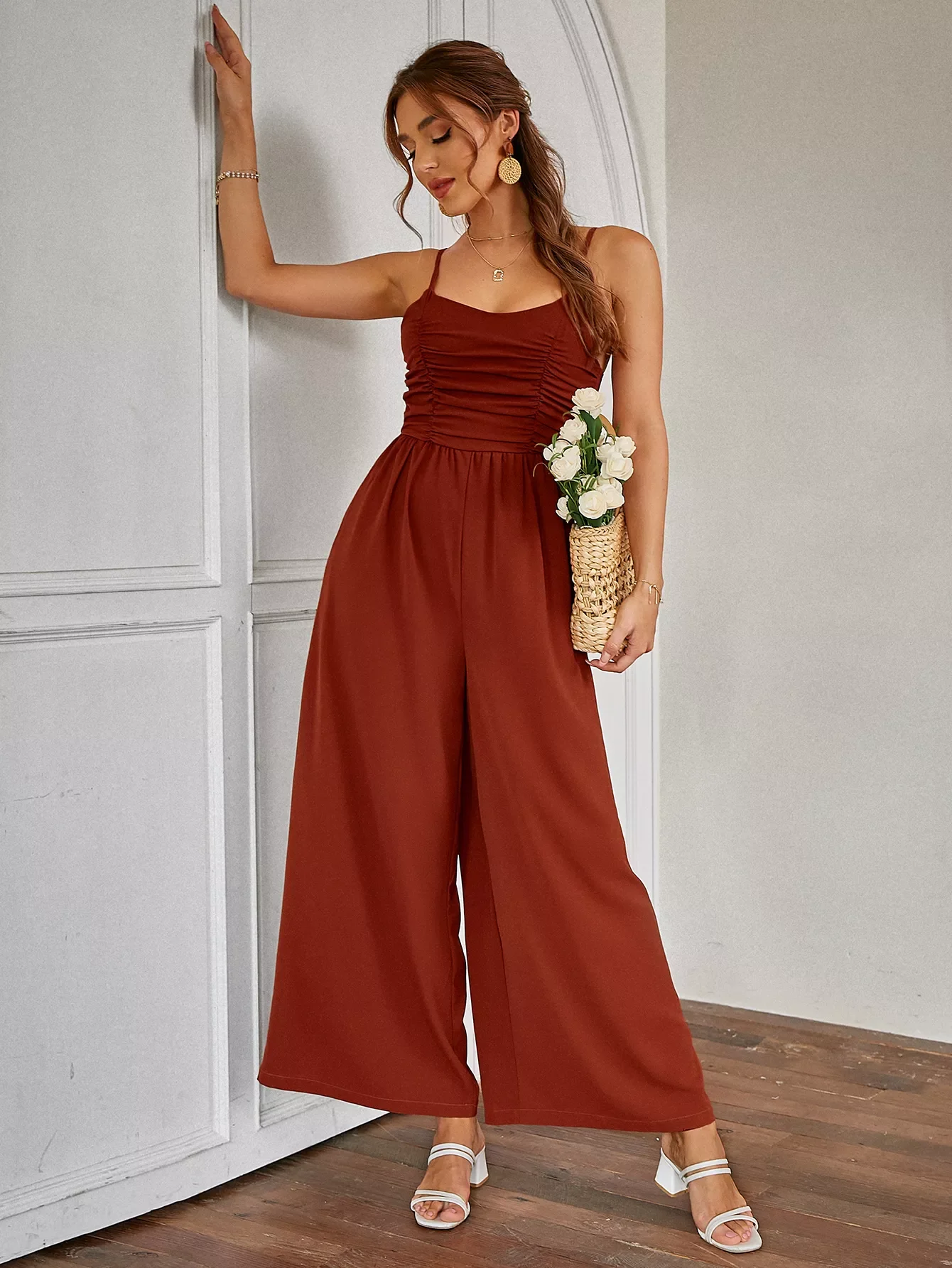

Elegant straps white polka dot wide-leg jumpsuit summer women Holiday frills loose long overall Office casual jumpsuits